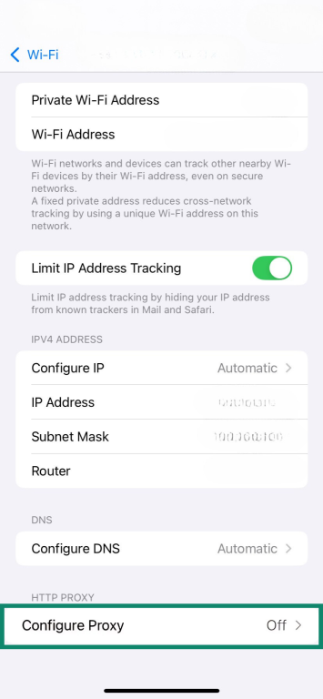 The Wi-Fi settings display of an iPhone emphasizing the Configure Proxy box.