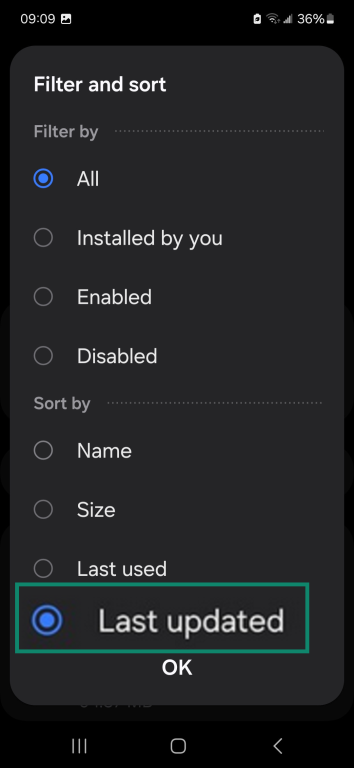 Android apps list showing the sorting options with "Last updated" highlighted.