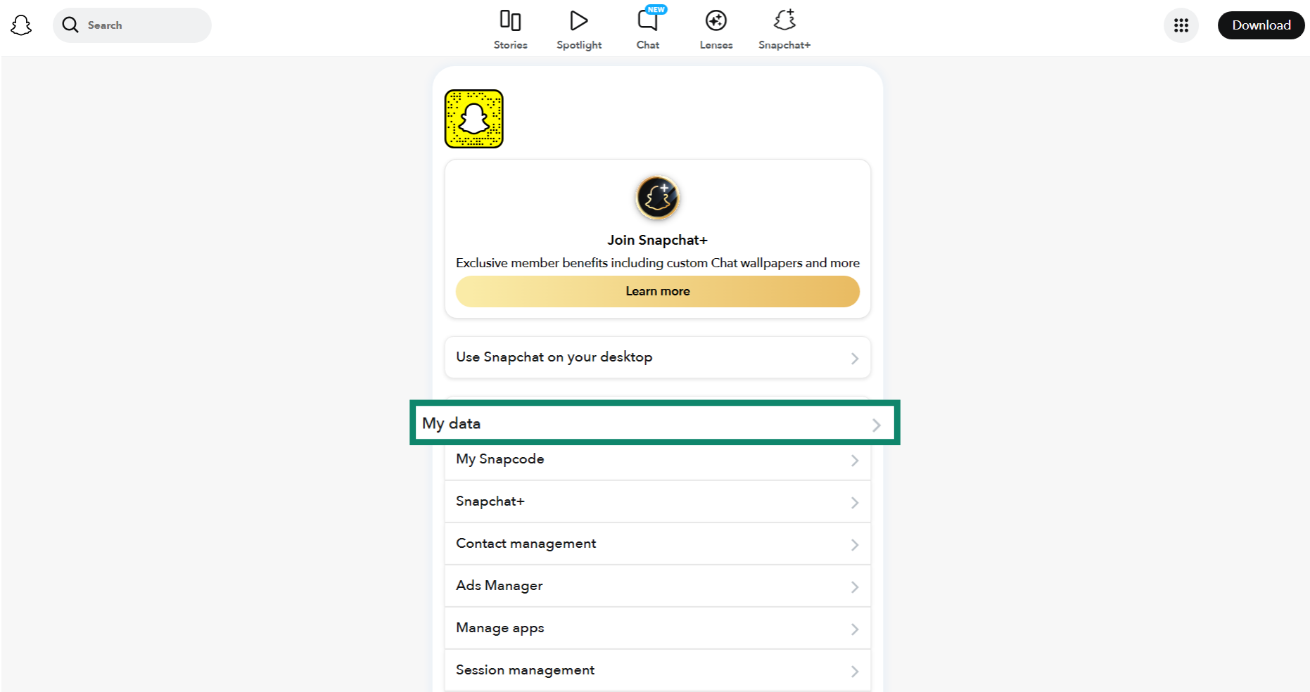 The Snapchat Settings page, showing the My data option.