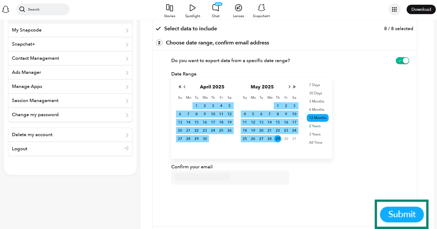 The second Snapchat data save screen, showing the option to select the date range of the downloaded data.