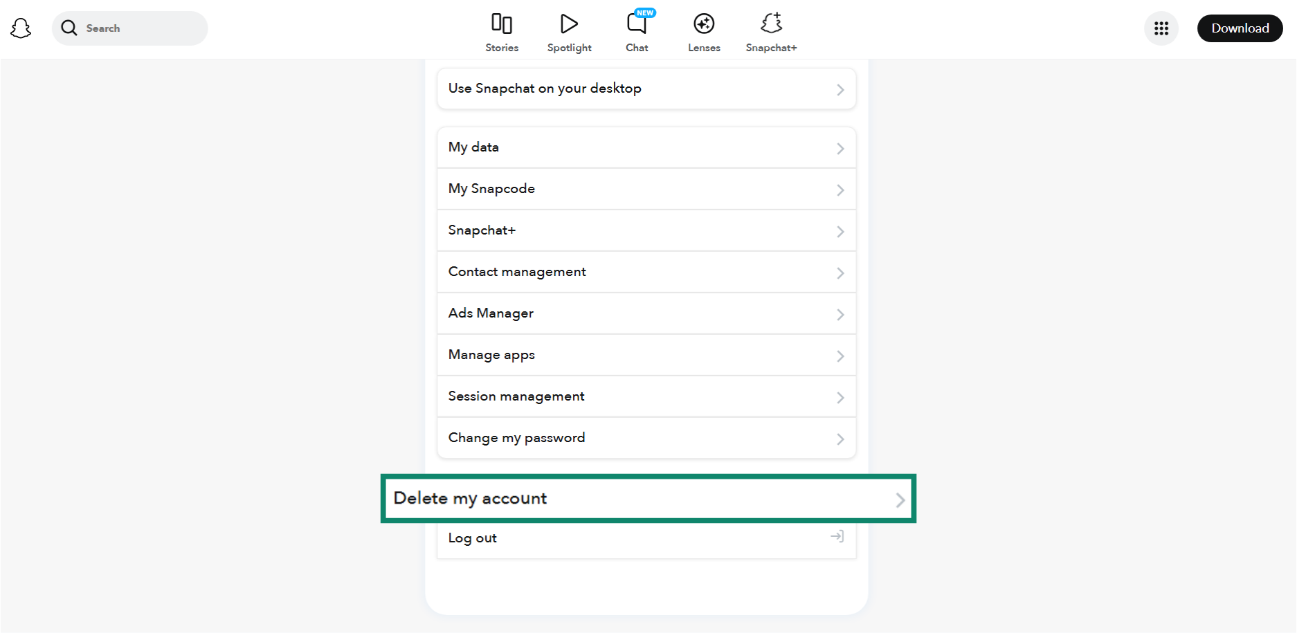 The Account Settings page of Snapchat, showing the Delete my account option.