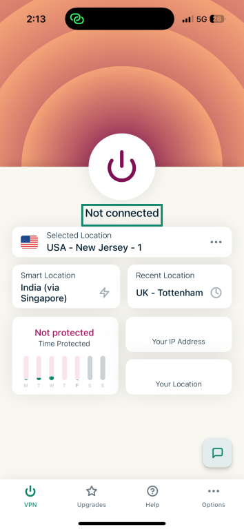 ExpressVPN iOS app interface with the VPN disconnected.