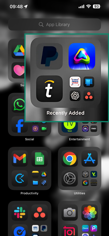 iPhone App Library screen highlighting the Recently Added folder.