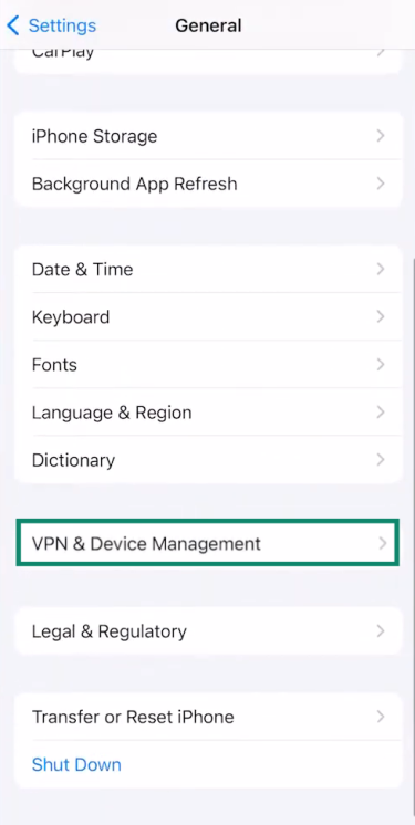 The General menu of the iPhone Settings app, showing the VPN & Device Management option.
