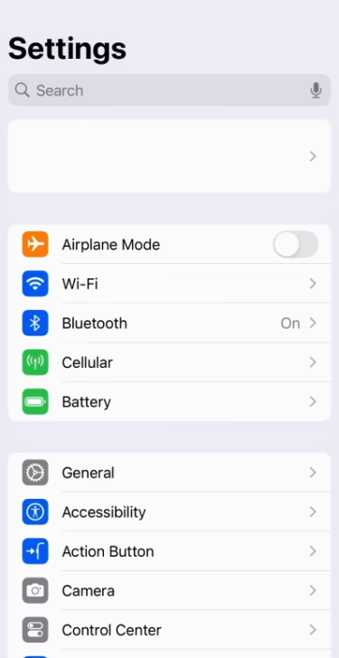 The Settings menu on an iPhone.