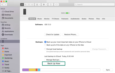 The General tab of an iPhone in Finder, showing the Back Up Now option.