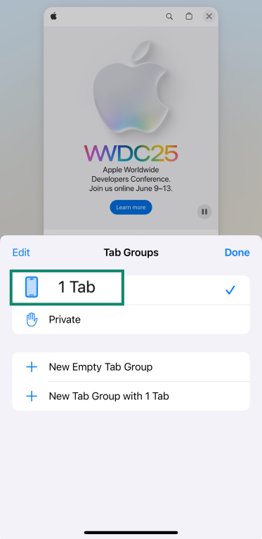 Safari Tab Groups highlighting the 1 Tab option.