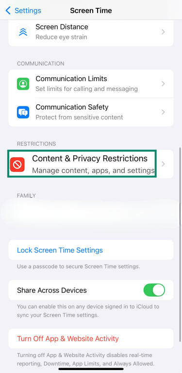 An iPhone's Content & Privacy Restrictions option