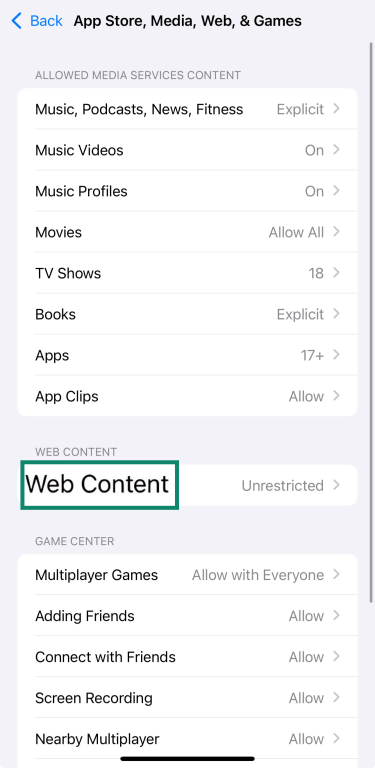 The Web Content option of an iPhone's Content & Privacy Restrictions page.