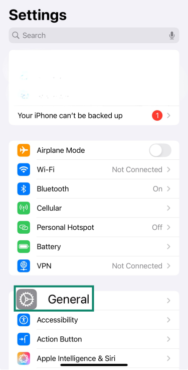 An iPhone's General option in the Settings menu.