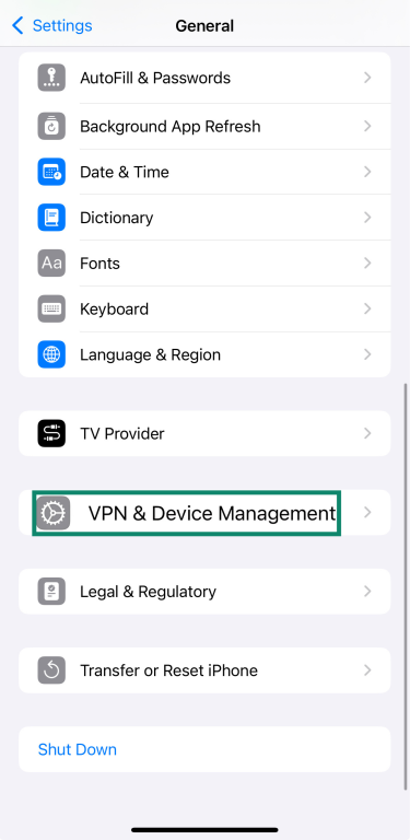 An iPhone's VPN & Device Management option.
