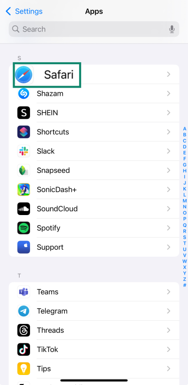 The Safari tab located within an iPhone's Settings/Apps menu.