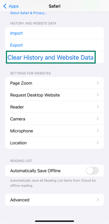 An iPhone's Clear History and Website Data option.