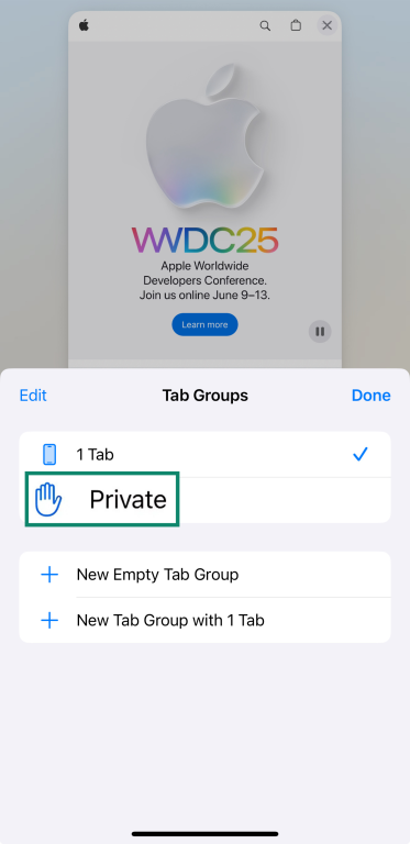 The Safari Private tab on an iPhone.