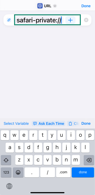 The safari-private:// URL in the Shortcuts app.