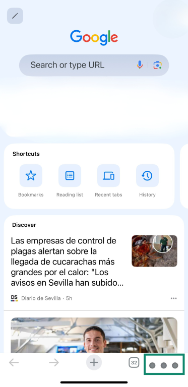 The homepage for an iPhone's Google Chrome app.