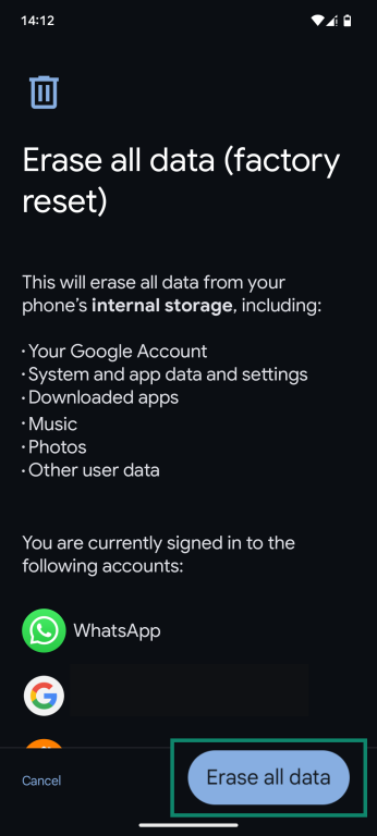 The Erase all data (factory reset) page of an Android phone, with the "Erase all data" button highlighted.
