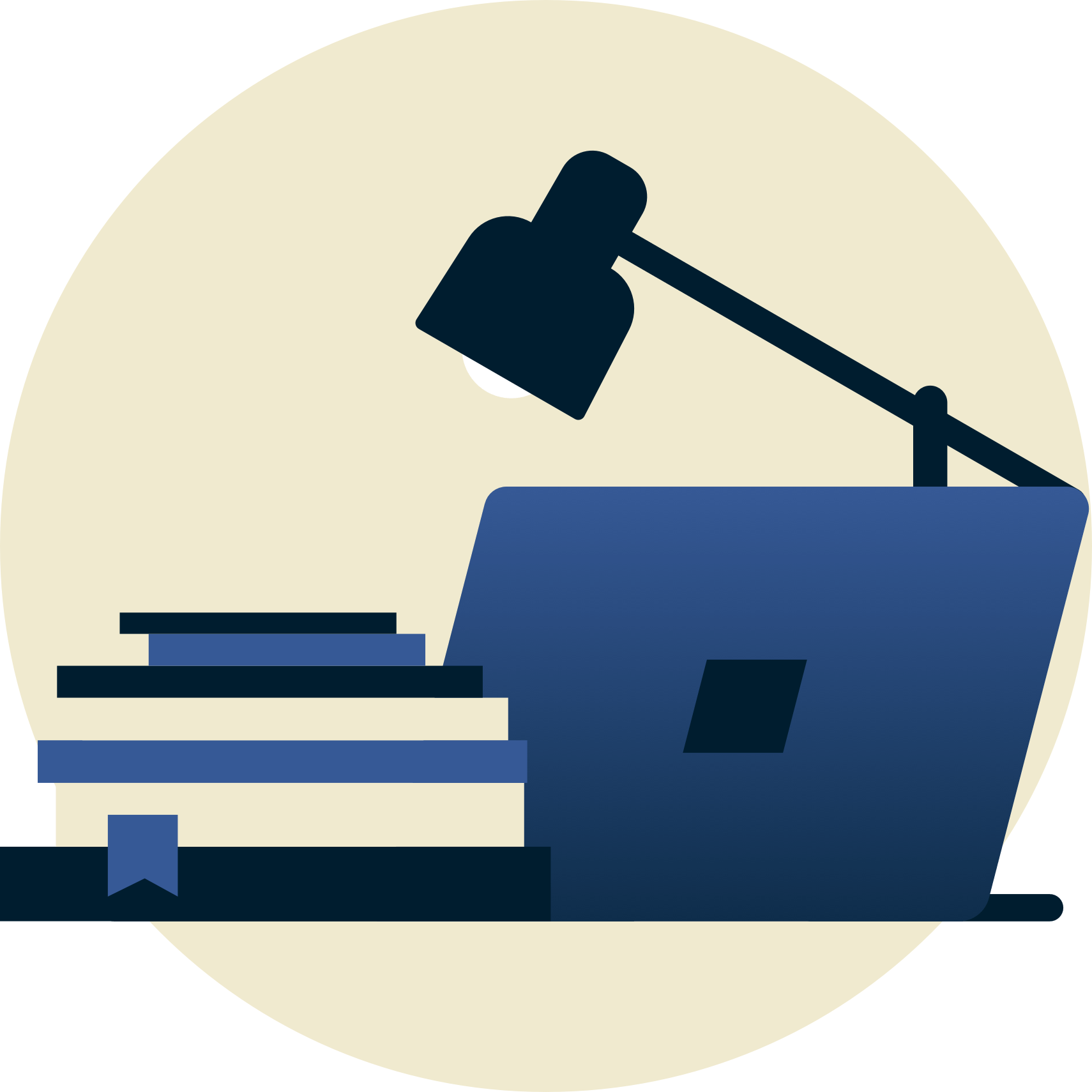 Lámpara sobre los libros de texto y el ordenador portátil de espaldas a ti.